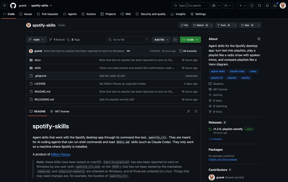 Screenshot of the GitHub repository ‘spotify-skills’ by gvenk, showing AI agent skills for controlling the Spotify desktop app, creating playlists and playing music through the command line.